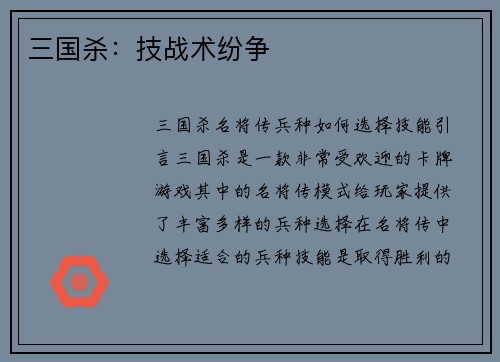 三国杀：技战术纷争
