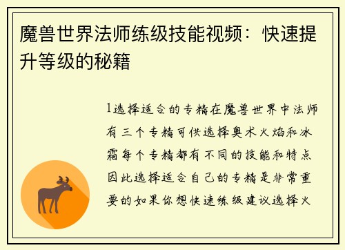 魔兽世界法师练级技能视频：快速提升等级的秘籍